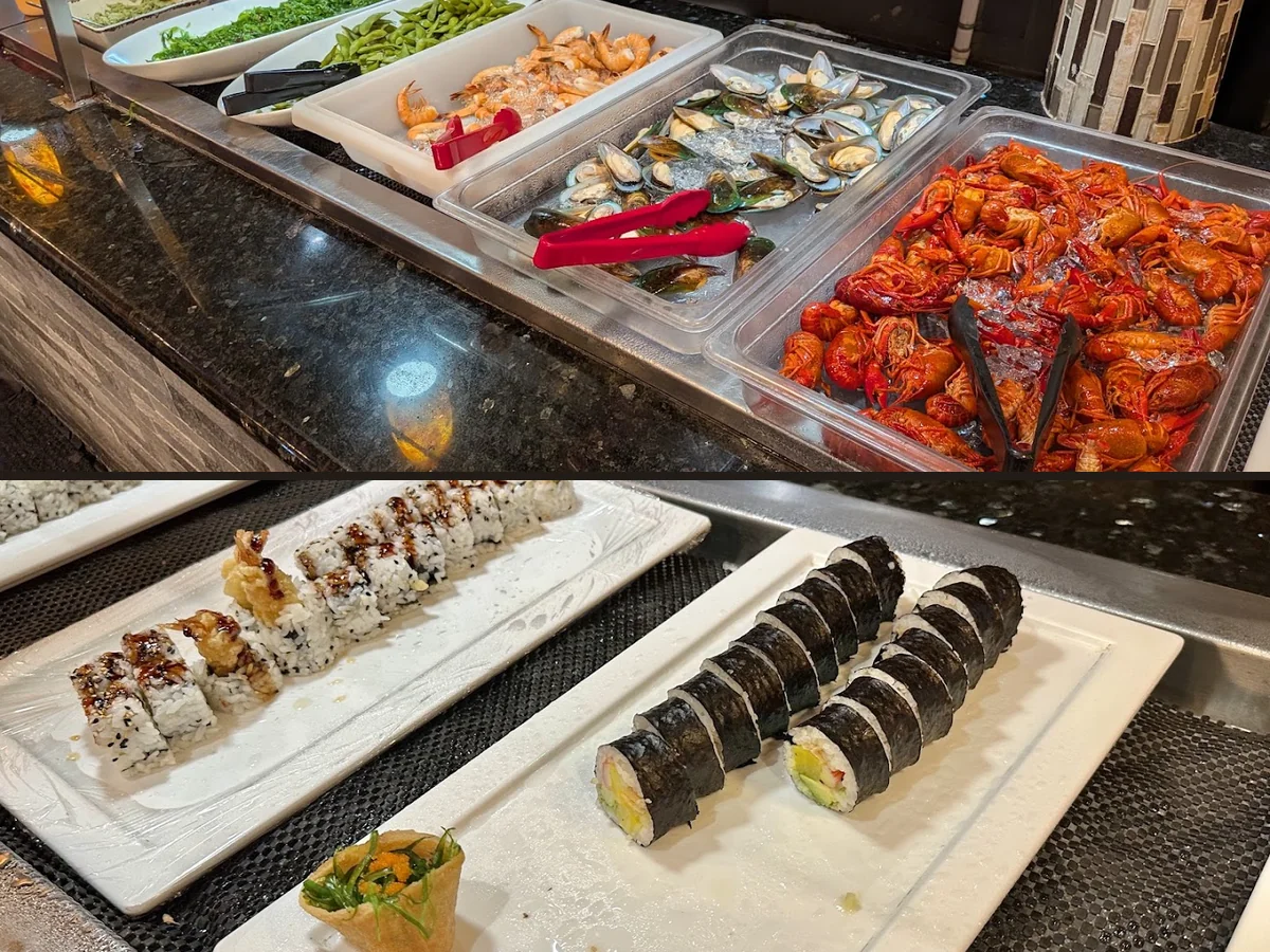 Counter service area beside trays of hot food.