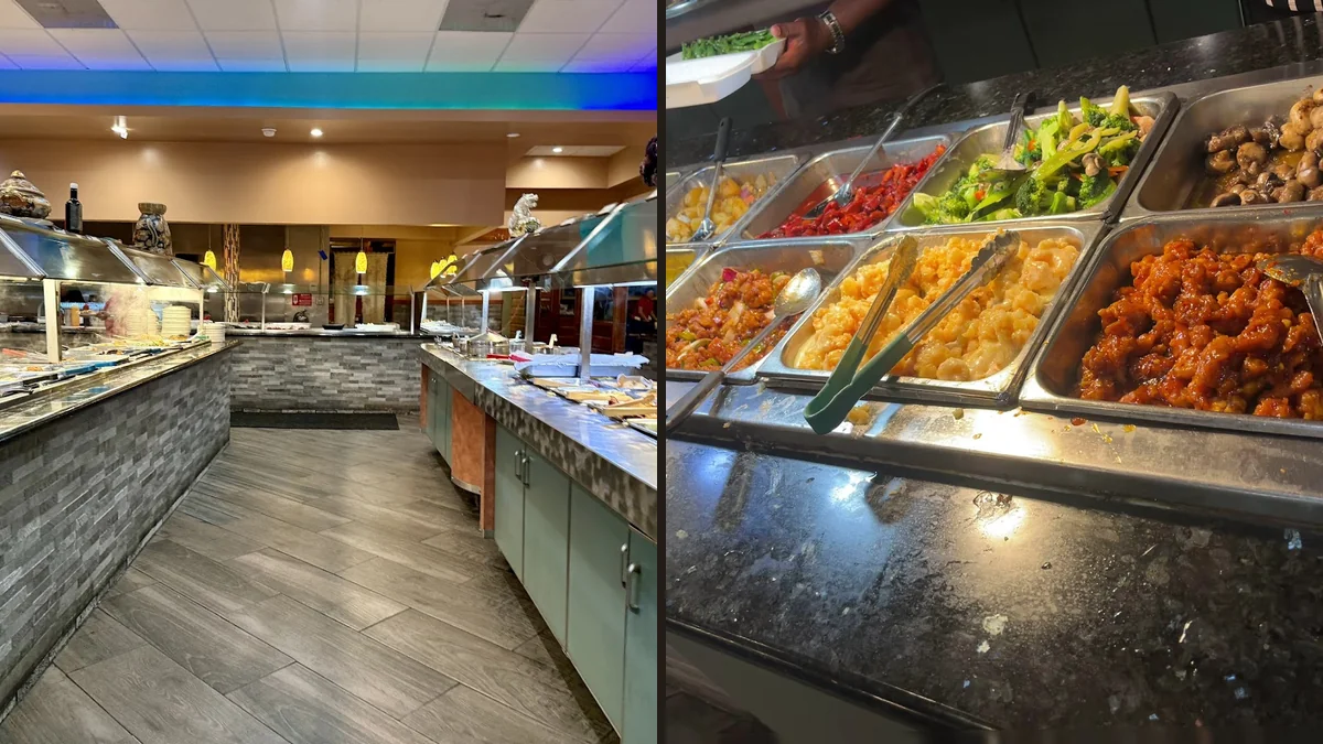 Wide buffet line with Chinese dishes and sushi.