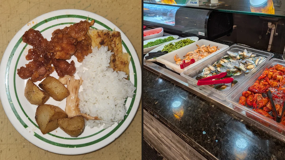 Wide buffet line with Chinese dishes and sushi.